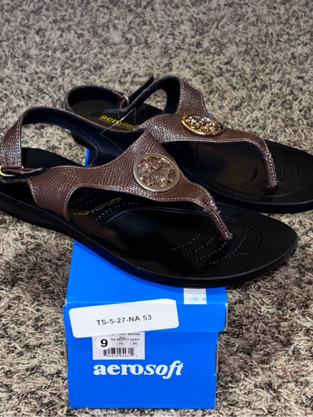 Aerosoft Women’s Thong Sandals Brown/Black/Gold Logo Slip On EU 40 US 9